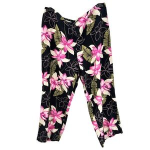 Tommy Bahama Capri Floral Pants 12 Black Pink Tropical Silk/Linen Cropped Resort
